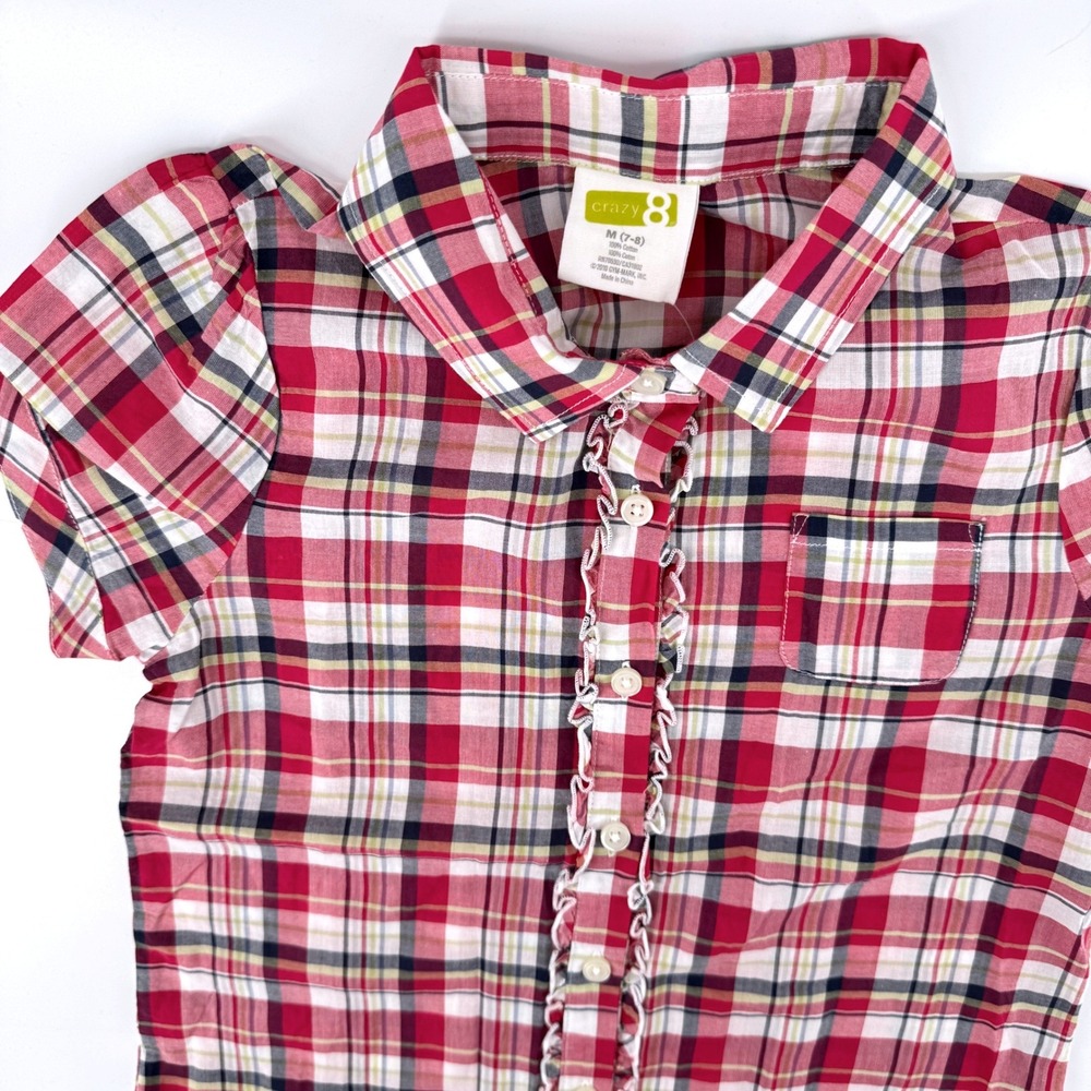 New Crazy 8 Tartan Plaid Button Down Shirt Medium 7-8 Pink Ruffle Short Sleeve